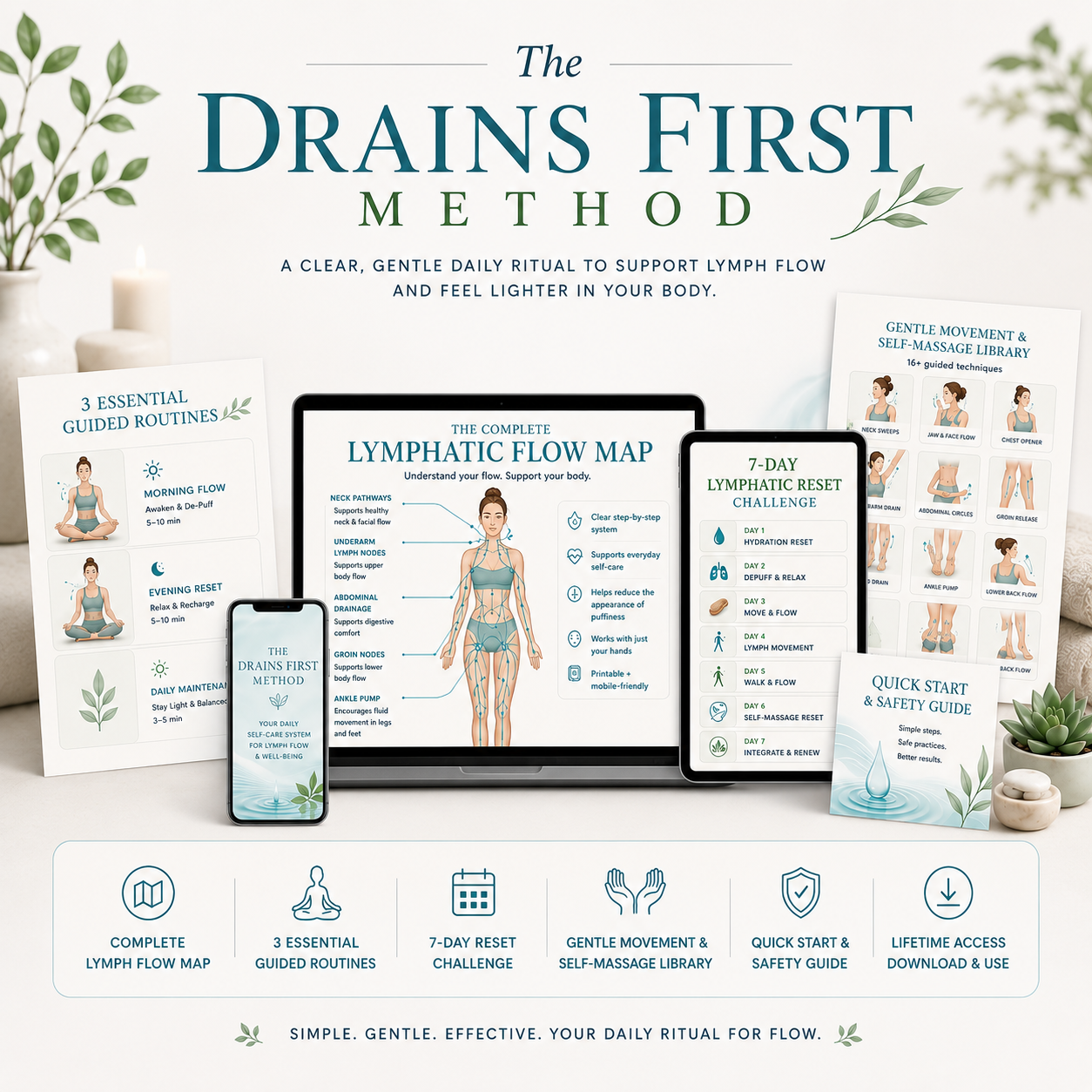The Drains First Method digital product bundle displayed across laptop, tablet, phone and printed guides
