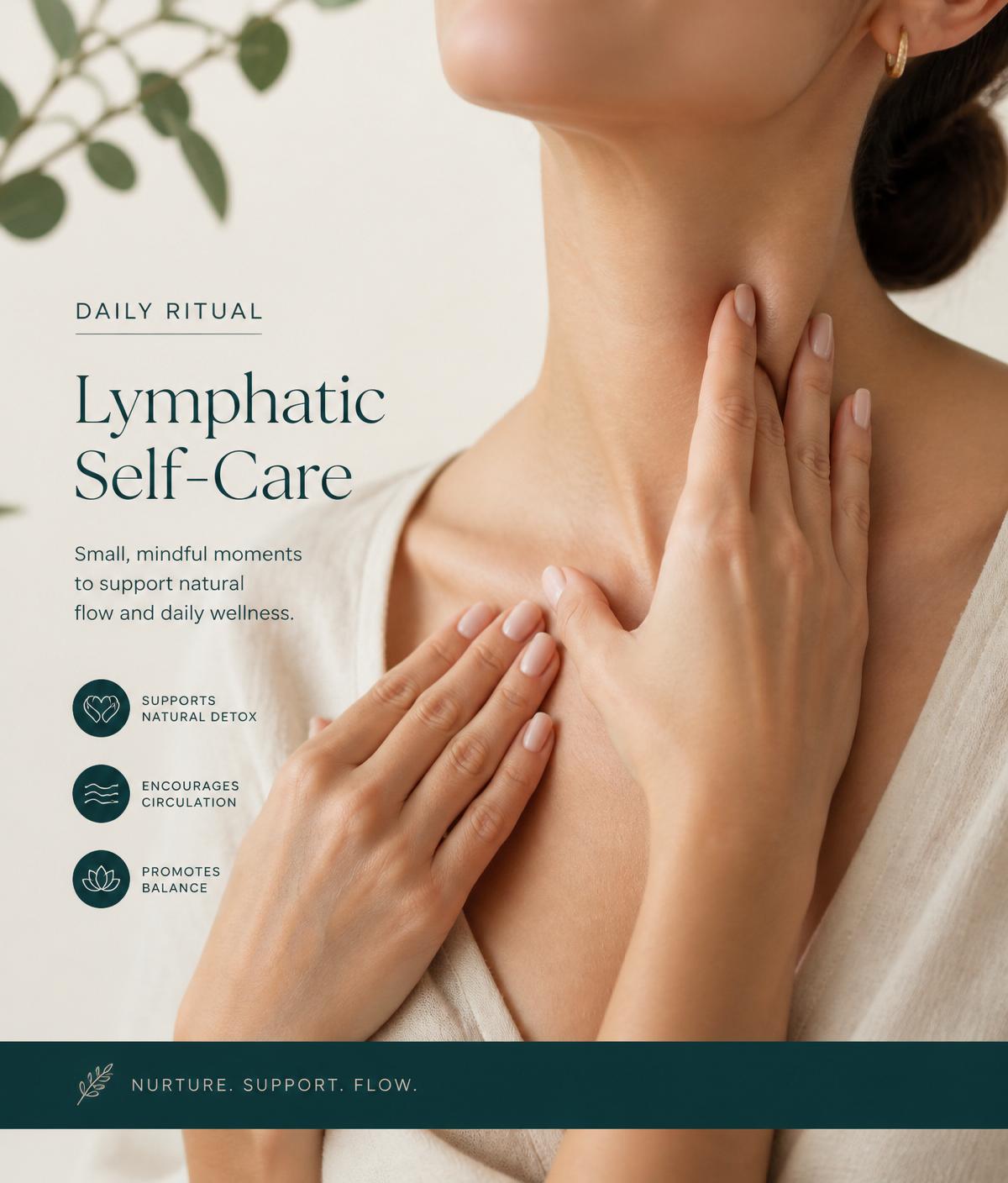 A woman gently touching her collarbone and neck for lymphatic self-care