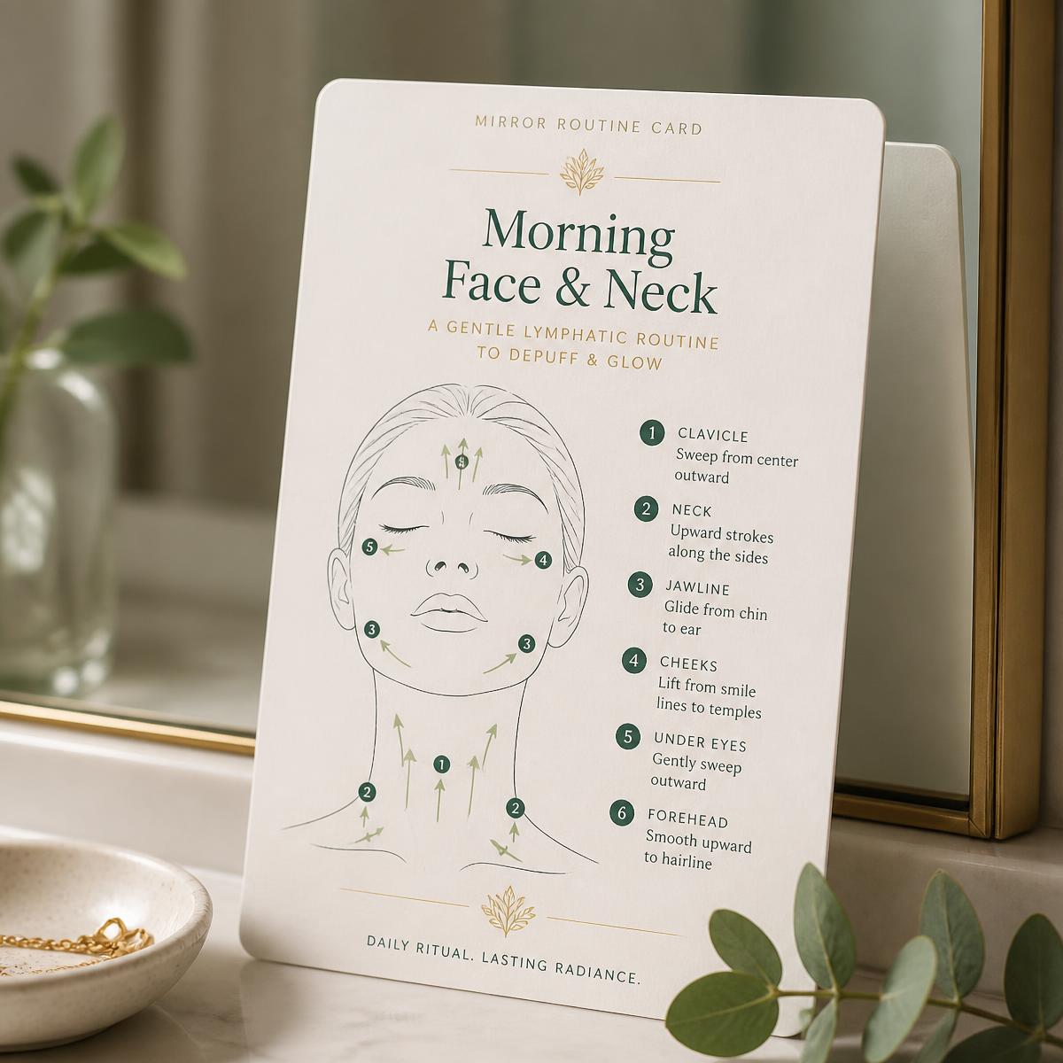 A printed Mirror Routine Card leaning against a bathroom mirror